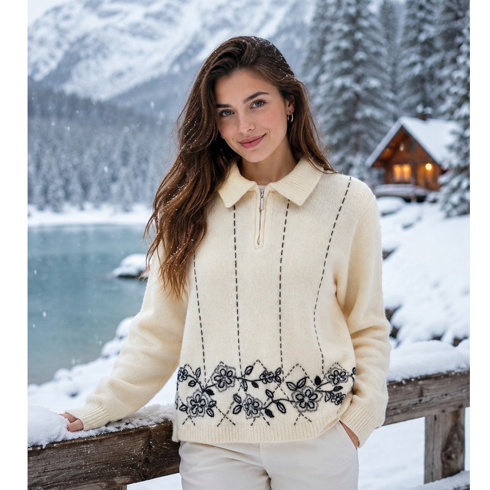 Alfred Dunner Vintage Floral Embroidered Quarter ZipSweater Cream Women's Medium